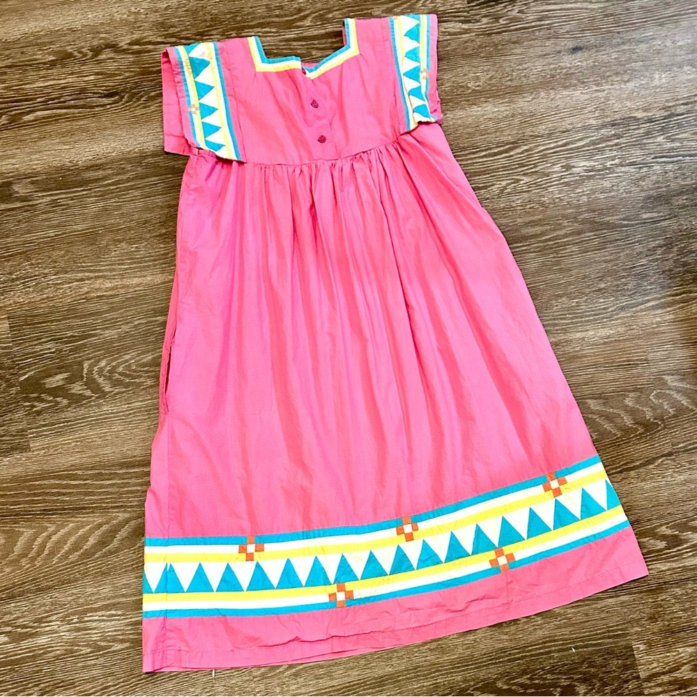 Vintage 70s Pink Quilted Detail Cotton Maxi House… - image 5